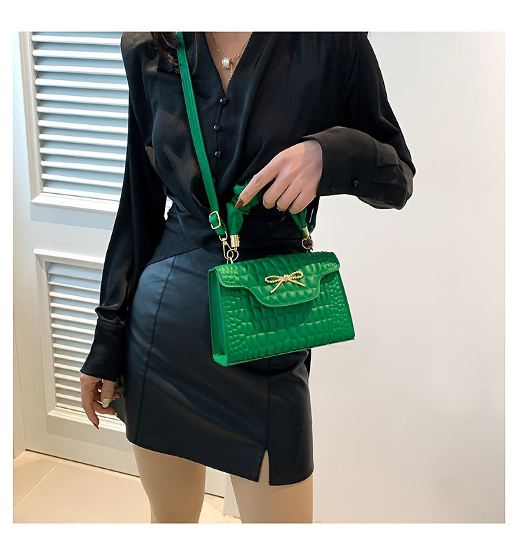 Vibrant Retro Crocodile Pattern Chic Shoulder Bag - Compact, Versatile, Fashionable, Everyday Wear with Bowknot Detail, Casual Street Style, and Chic Design - Perfect for Women's Daily Use